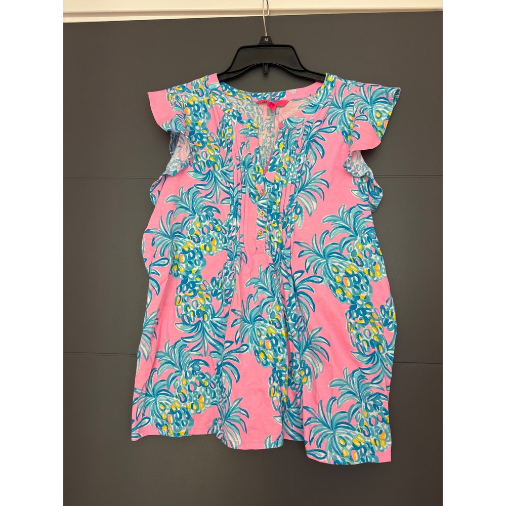 Lilly Pulitzer Golda Top Pelican Pink Beat The Heat Pineapple Ruffle Sleeve L